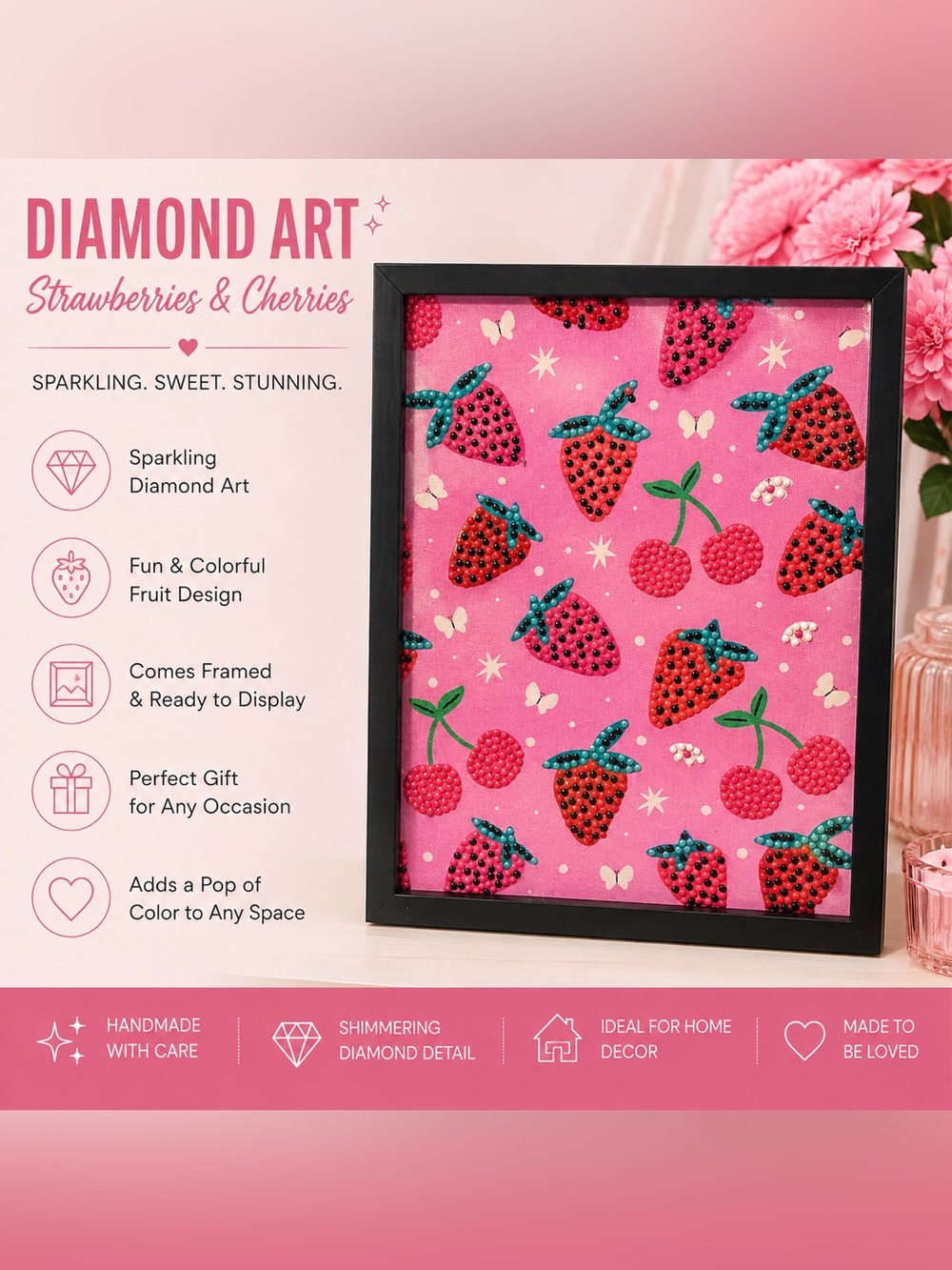 Pink Strawberry & Cherry Diamond Art Framed Wall Accent